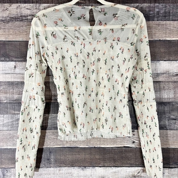 Zara Sheer Mesh Cream Floral Smocked Cottagecore Balletcore Top Boho Fairycore - Picture 2 of 4